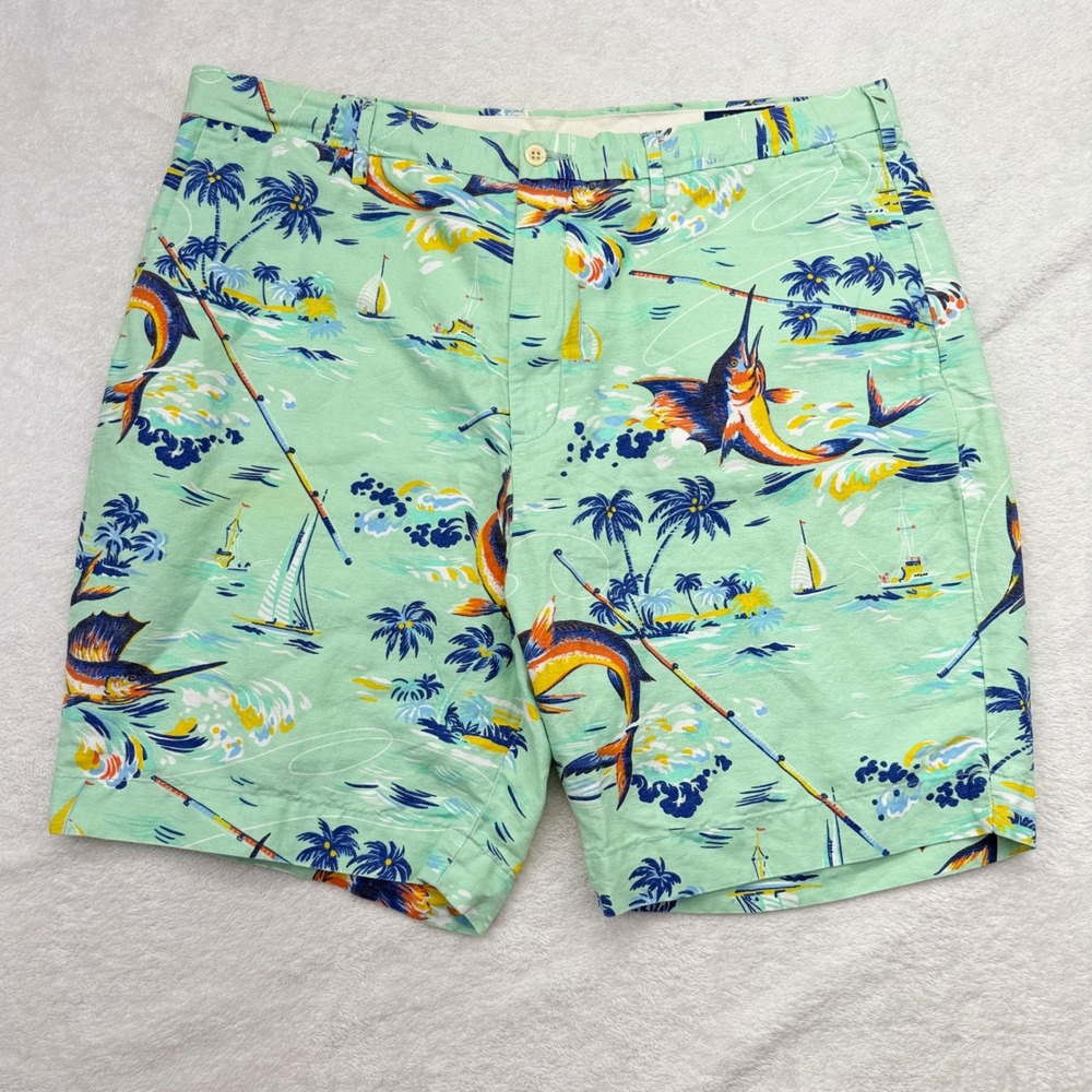 Polo Ralph Lauren Shorts Mens 40 Green Marlin Fishing Hawaiian Linen Blend